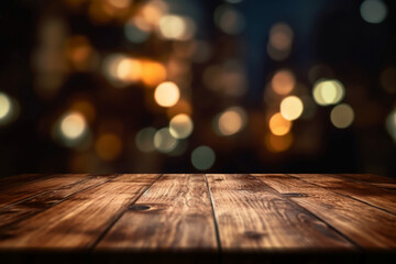 Wooden table with dark blurred background. AI generative
