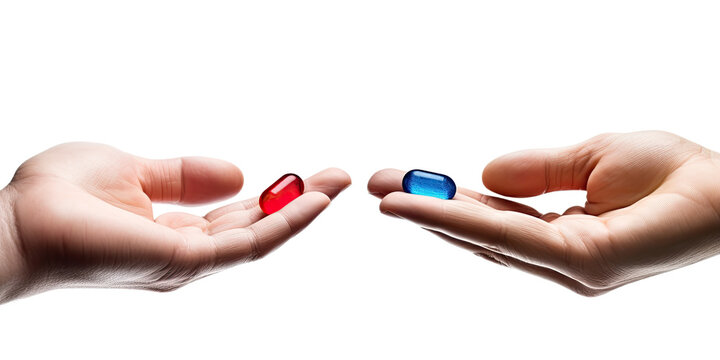 hands holding red and blue pills isolated on a transparent background, generative ai