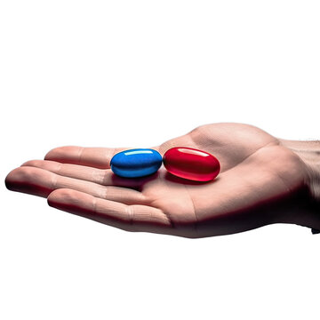 hand holding red and blue pills isolated on a transparent background, generative ai