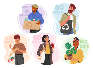 Set of Characters Conduct Eco Life, Sustainable Lifestyle That Emphasizes On Reducing Waste, Conserving Energy
