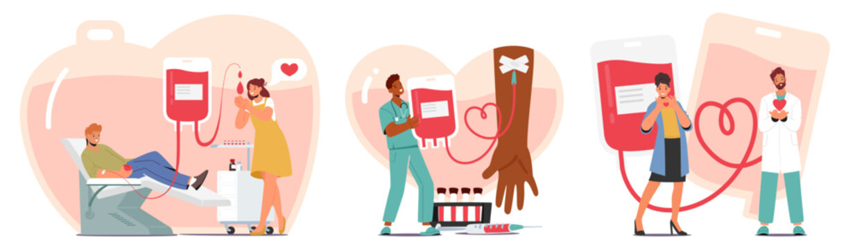 Set Characters Donate Blood To Help Others In Need. Process Involves Giving A Blood Sample Vector Illustration
