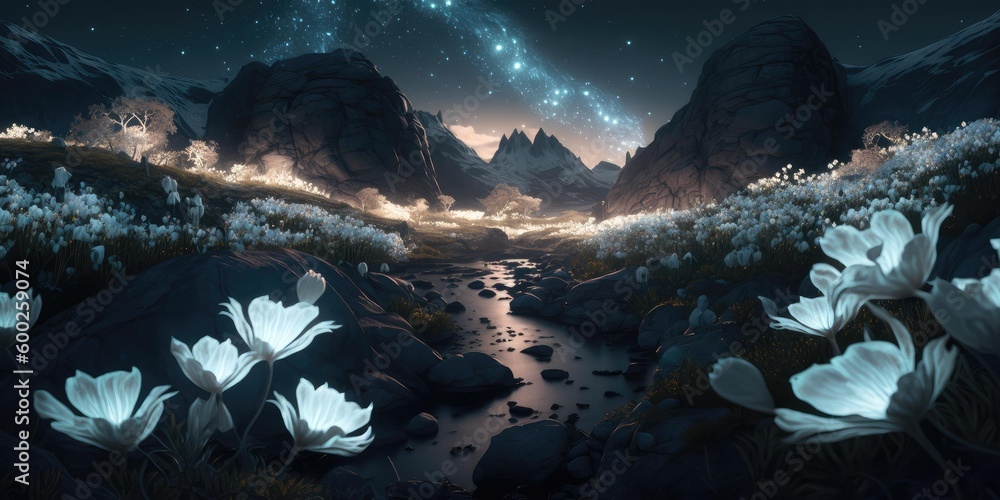 Wall mural mythical scenery of glowing flower on mountain landscape at night. superlative generative AI image.