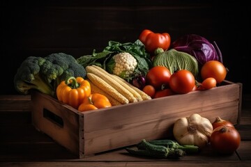 Wooden box full of fresh healthy vegetables. Ai generative.