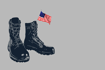 Memorial Day, Veterans day, sacrifice ... Old military combat boots and a small American flag.