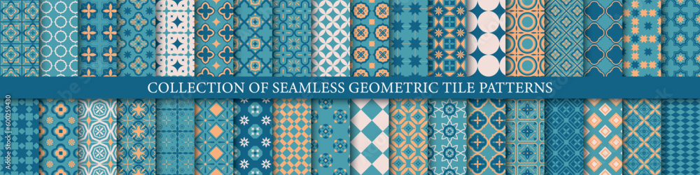 Poster collection of seamless geometric modern colorful patterns. tile mosaic textures. decorative ornament