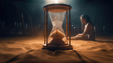 Woman sitting on the sand next to a huge hourglass. Generative AI