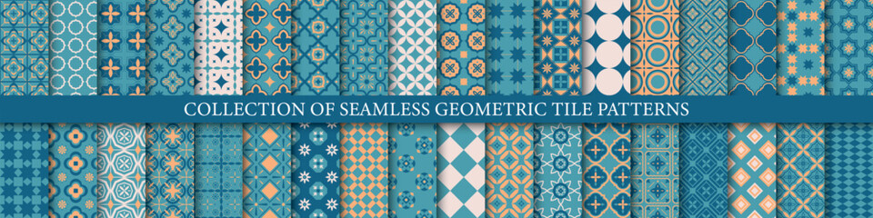 Collection of seamless geometric modern colorful patterns. Tile mosaic textures. Decorative ornamental backgrounds. Vector repeatable ornamental prints - obrazy, fototapety, plakaty