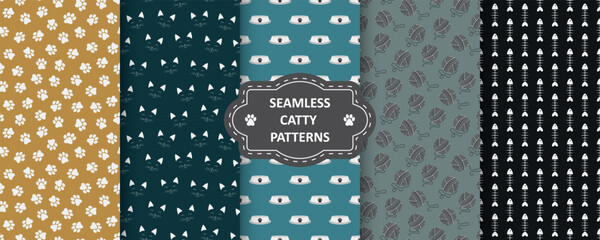 Collection of vector seamless color patterns with pet symbols. Repeatable cartoon fun backgrounds, fabric endless prints