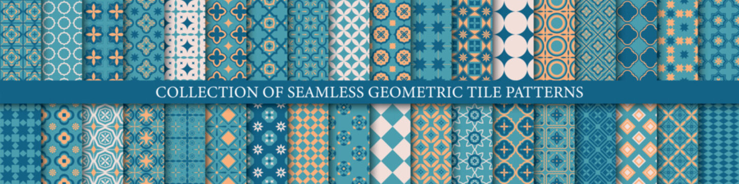 Collection of seamless geometric modern colorful patterns. Tile mosaic textures. Decorative ornamental backgrounds. Vector repeatable ornamental prints