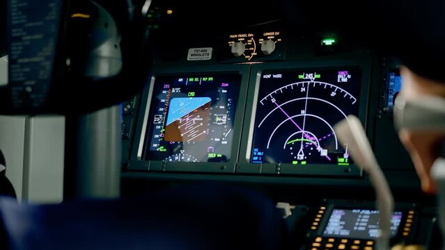 A detailed shot of the control and navigation panel in the cockpit of a Flight Simulator passenger plane