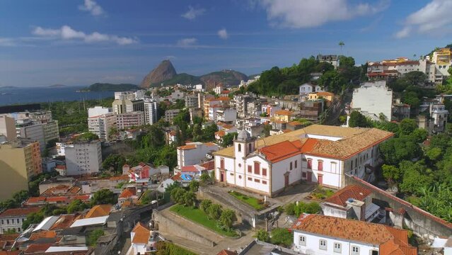 RIO DE JANEIRO, BRASIL - MAY, 2023: Aerial drone panorama view of famous landmark Arches of Lapa traditional place of many tourists.