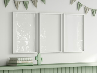 Frame mockup in green kids room interior with dinosaur toy, three white vertical frames mockup, 3d render