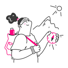 Woman walking and finding location using compass