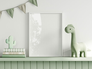 Frame mockup in green kids room interior with dinosaur toy, white vertical frame mockup, 3d render