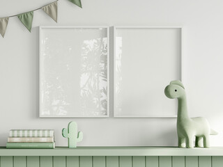 Frame mockup in green kids room interior with dinosaur toy, two white vertical frames mockup, 3d render
