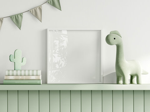 Frame mockup in green kids room interior with dinosaur toy, white square frame mockup, 3d render