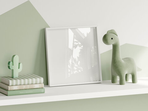 Frame mockup in green kids room interior with dinosaur toy, white square frame mockup, 3d render