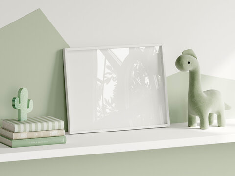 Frame mockup in green kids room interior with dinosaur toy, white horizontal frame mockup, 3d render