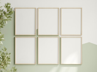 six vertical frames on the white and green wall, boy room interior frame mockup, print mockup, baby room mockup, kids room mockup, nursery interior frame mockup, gallery wall mockup, 3d render