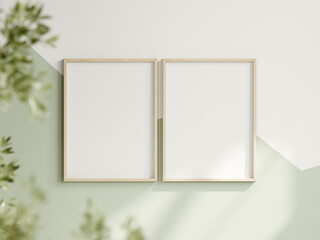 two vertical frames on the white and green wall, boy room interior frame mockup, print mockup, baby room mockup, kids room mockup, nursery interior frame mockup, gallery wall mockup, 3d render - obrazy, fototapety, plakaty