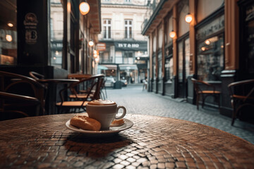 Barcelona Siesta: A Cozy Street Café with Croissants and Coffee - obrazy, fototapety, plakaty