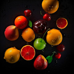 Fototapeta na wymiar Bright juicy fruits on a dark background. Water splashes ,apples, lemons, oranges, pears and other fruits. High quality illustration Generative AI