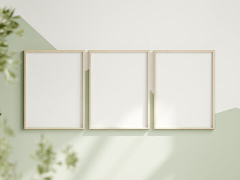 three vertical frames on the white and green wall, boy room interior frame mockup, print mockup, baby room mockup, kids room mockup, nursery interior frame mockup, gallery wall mockup, 3d render