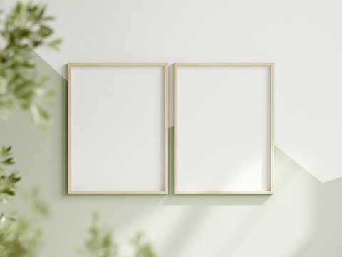 two vertical frames on the white and green wall, boy room interior frame mockup, print mockup, baby room mockup, kids room mockup, nursery interior frame mockup, gallery wall mockup, 3d render