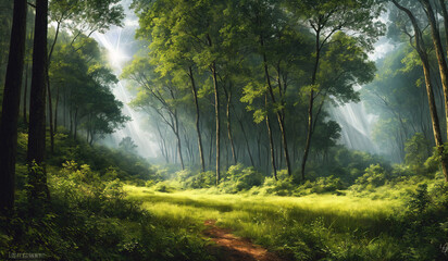 Fototapeta na wymiar Forest landscape. Mysterious green forest. Impressive nature background. Generative AI.