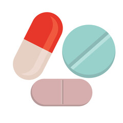 Medicines and pills on a blue background, medical pills, pills symbol. Vector illustration.