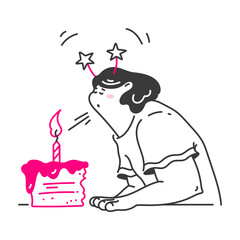 woman blows out candle on cake