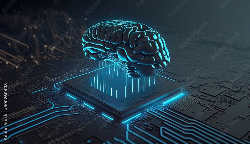 Poster ai artificial intelligence brain,on pcb board,technology,chat gpt,generative ai technology