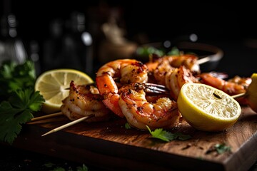 Close up of a perfectly cooked and seasoned grilled shrimp skewer. Ai generative.