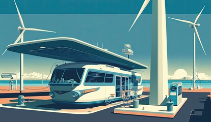 Obraz premium AI-generated illustration of a service station by the shore with solar panels and wind turbines. MidJourney.