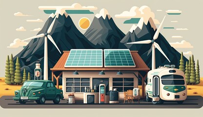 AI-generated illustration of a service station in the mountains with solar panels and wind turbines. MidJourney.