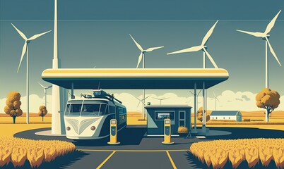 AI-generated illustration of a service station with solar panels and wind turbines. MidJourney.