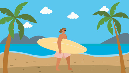 Vector illustration of surfers boy with a surfboard on the beach. There are palm trees at the edge of the picture. Cloudy but sunny sky. 