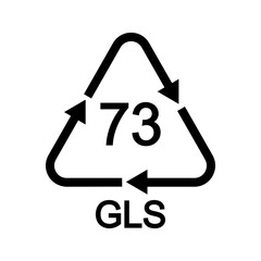 Dark sort glass recycling sign in triangular shape with arrows. 73 GLS reusable icon isolated on white background. Environmental protection concept