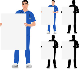 Hand-drawn healthcare worker. Happy smiling doctor with a stethoscope holding sign. Male nurse in blue uniform. Vector flat style illustration set isolated on white. Full length view