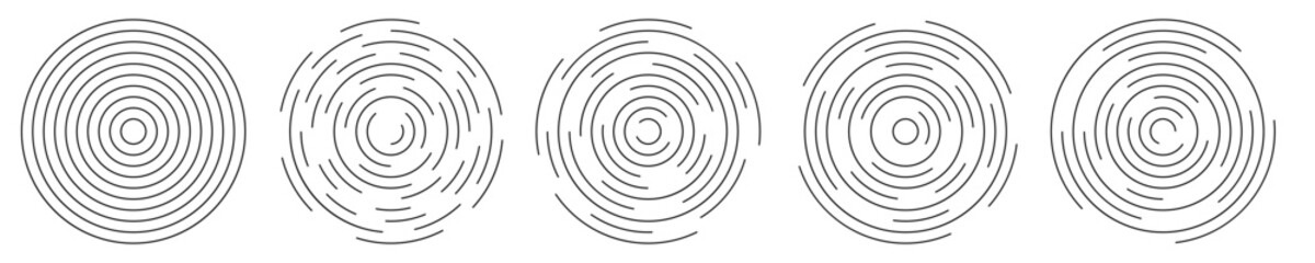 Set of circular ripple symbols. Concentric circles with broken lines isolated on white background. Vortex, sonar wave, soundwave, sunburst, sound signal signs