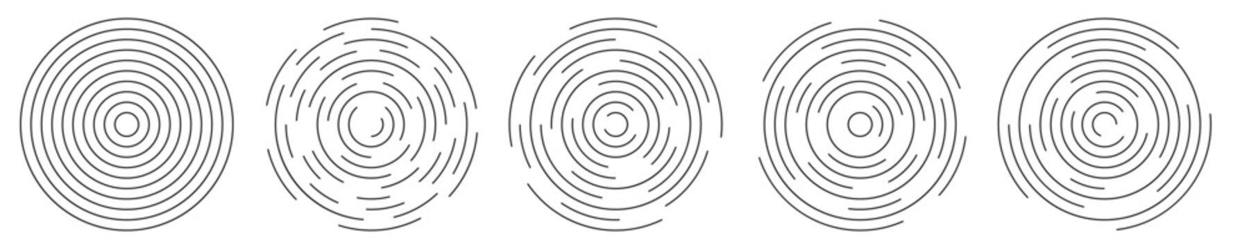 Set Of Circular Ripple Symbols. Concentric Circles With Broken Lines Isolated On White Background. Vortex, Sonar Wave, Soundwave, Sunburst, Sound Signal Signs