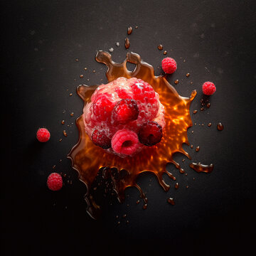 Professional image of a juicy dessert with berries on a black background. Caramel, jam, raspberry, strawberry, mango, blackberry, blueberry, blueberry ice cream. High quality Generative AI