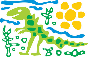 Stylized cartoon dinosaur on the background of the sun and cacti. Naive art. Vector graphics.