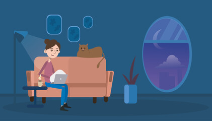 Freelance working on computer, Working online at home. young women, Flat vector.