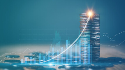 Financial investment concept, Double exposure of stack of coins and city with stock market or forex trading graph, Cryptocurrency digital economy, Economy trends, Financial growth to the target.