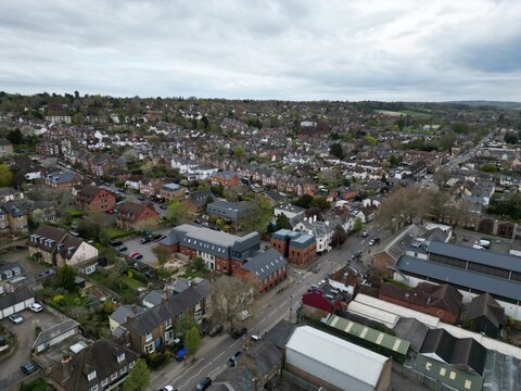 Berkhamsted town high street Hertfordshire, UK drone aerial view
