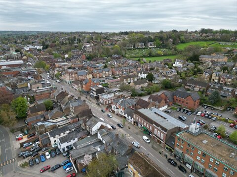 Berkhamsted town high street Hertfordshire, UK drone aerial view