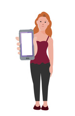 Young woman show phone screen with confident gesture. vector.