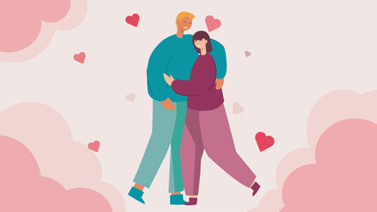 Hugging couple vector with heart shapes around them. Valentine’s day concept vector. Heart shapes around the couple. Background is pink.