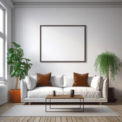 Plain blank white canvas mock-up in living room background with plants 